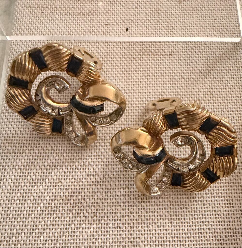 Vintage Signed Mazer Jomaz Galaxy Sapphire Glass & Rhinestone Gold Tone Earrings
